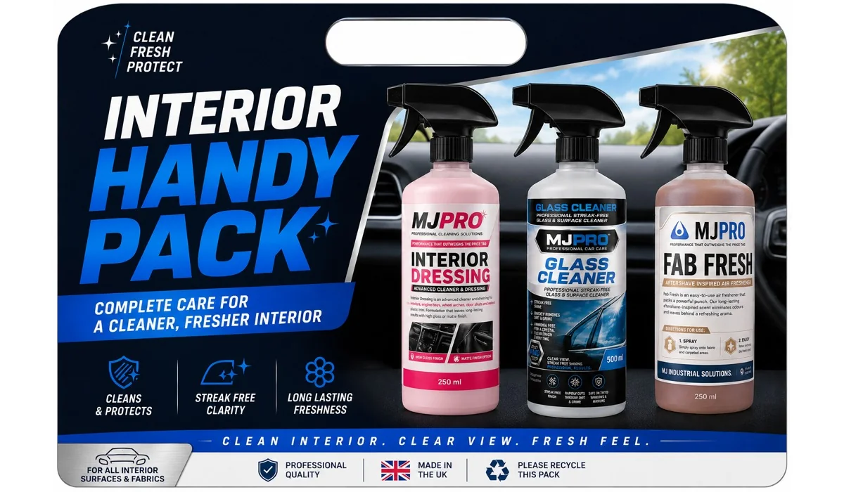 MJ Pro Interior Handy Pack containing Interior Dressing, Glass Cleaner and Fab Fresh
