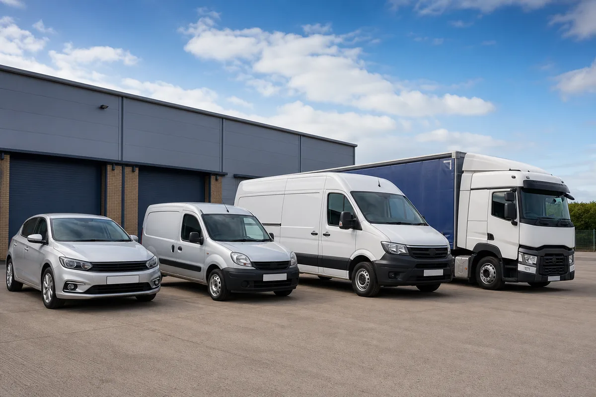 Cars, vans and lorry illustrating StickNTrack fleet tracking applications