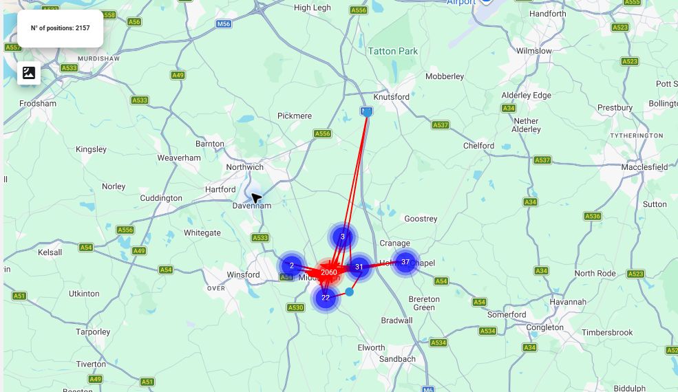 StikAway movement map showing reported vehicle positions and journey lines